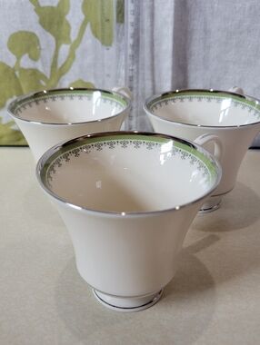 Cream Porcelain Tea Cups with Green Accent and Silver Trim - Set of 3